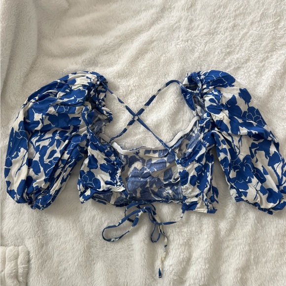 Sweetheart Neck 3/4 Puff Sleeve Criss Cross Tie Back Blouse Crop Top Size S - Picture 11 of 12